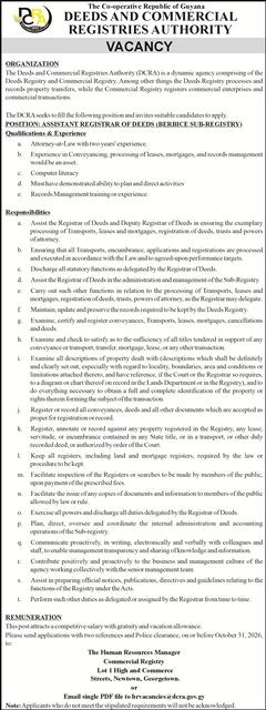 Deeds and Commercial Registries Authority – Vacancy – Assistant Registrar of Deeds (Berbice)