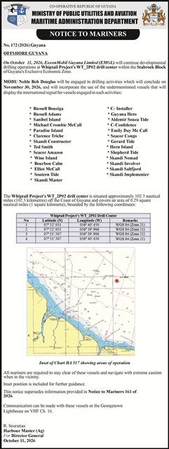 Ministry of Public Utilities and Aviation (MARAD) – Notice to Mariners – No. 172 (2026) Offshore Guyana