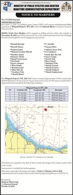 Ministry of Public Utilities and Aviation (MARAD) – Notice to Mariners – No. 173 (2026) Offshore Guyana