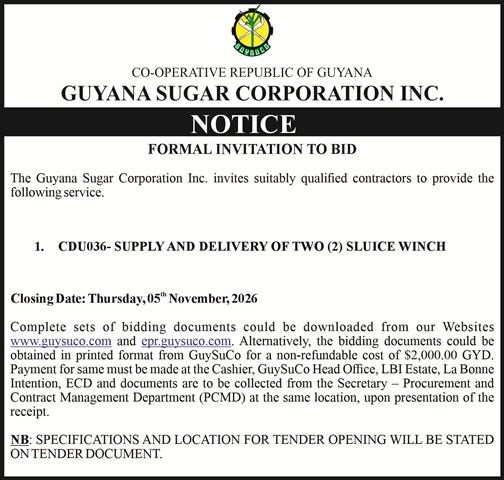 Guyana Sugar Corporation Inc. – Formal Invitation to Bid – Supply and Delivery of Two (2) Sluice Winch