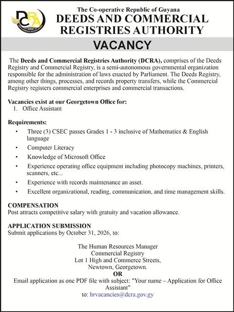 Deeds and Commercial Registries Authority – Vacancy – Office Assistant